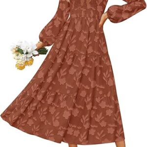 ZESICA Women's Fall Boho Floral Midi Dress 2025 Casual Long Sleeve Crewneck Flowy Wedding Guest Long Dresses