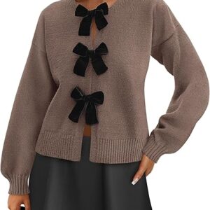 PRETTYGARDEN Cardigan Sweaters for Women Fall Fashion 2025 Bow Tie Front Long Sleeve Knit Sweater Tops Cute Winter Clothes
